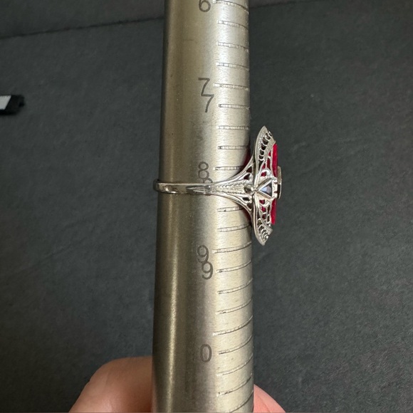 Art Deco 14K White Gold Ring Marquis Lab Ruby Filigree Setting Vintage Size 8 - Picture 10 of 10